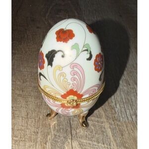 Vtg‎ 60s Trinket Box Decorative Egg Red  Pink Floral Gold Accents